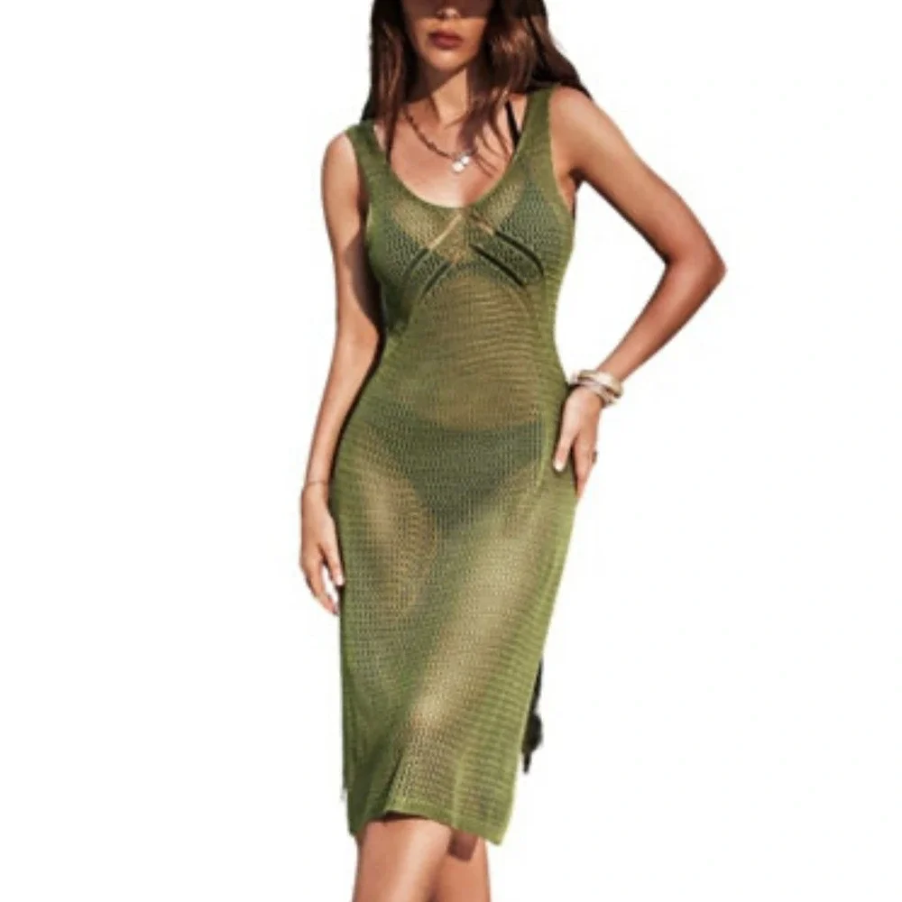 Olive Green Crochet Knit Sheer Midi Dress Beach Cover Up Sleeveless V-Neck Boho